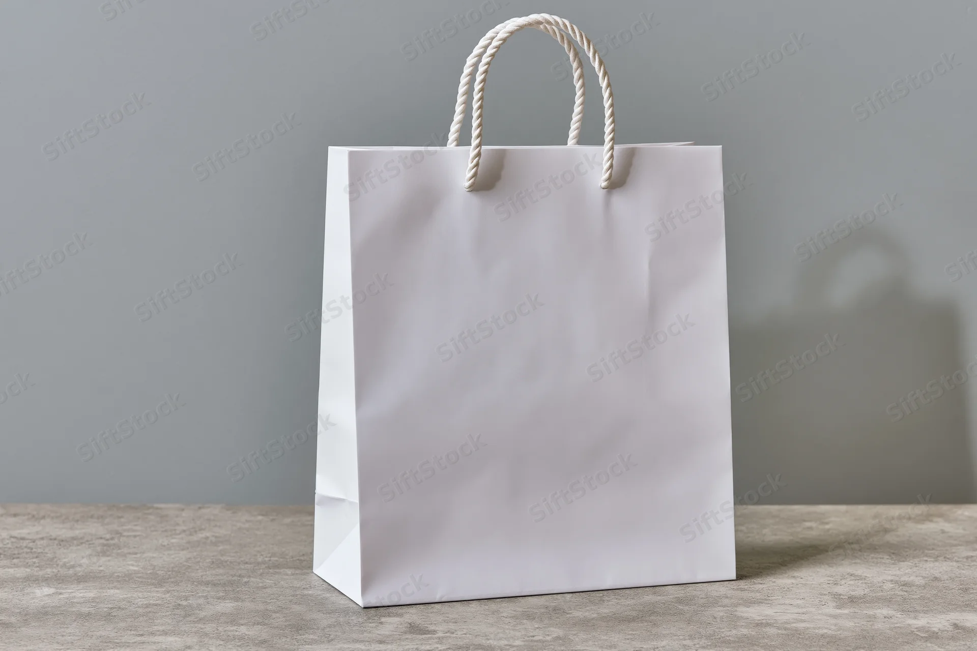 White paper shopping bag with twisted rope handles on concrete surface