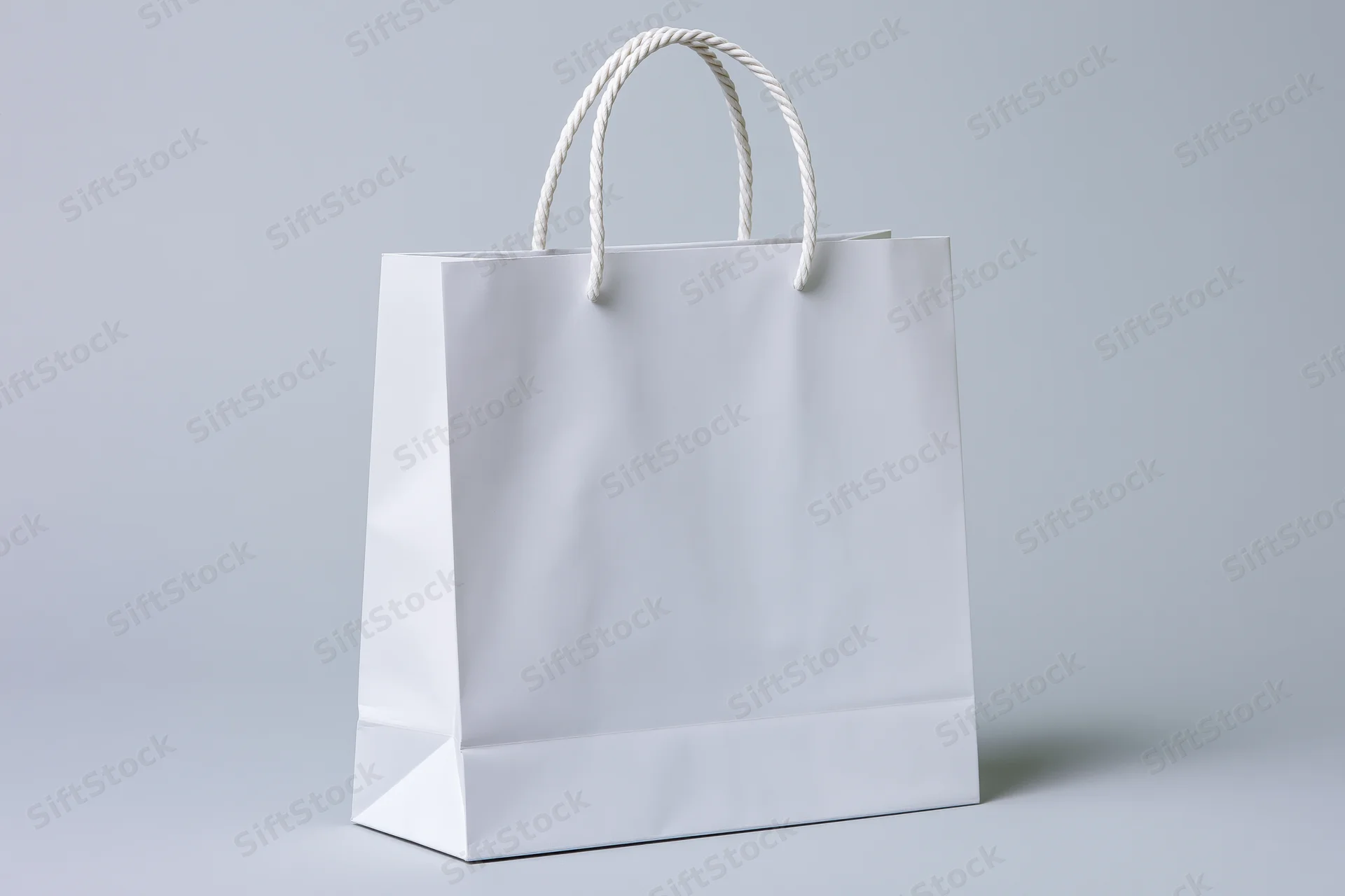 Plain white paper shopping bag with twisted rope handles on a light gray background