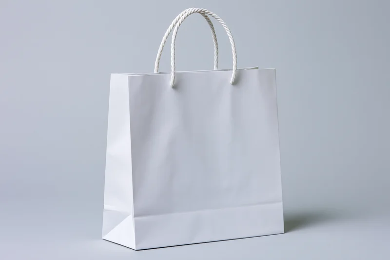 Plain white paper shopping bag with twisted rope handles on a light gray background