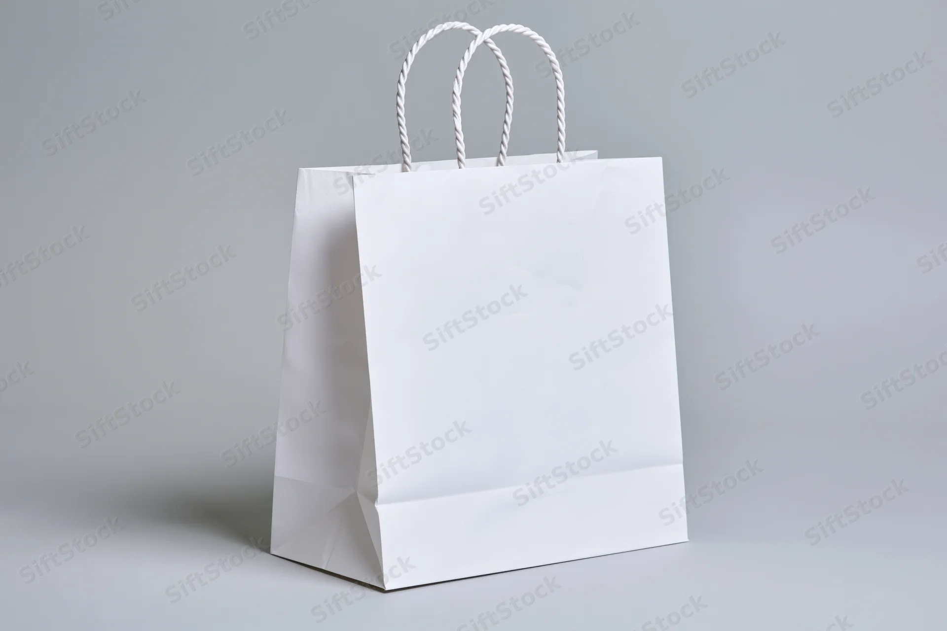 White paper shopping bag with twisted rope handles on gray background
