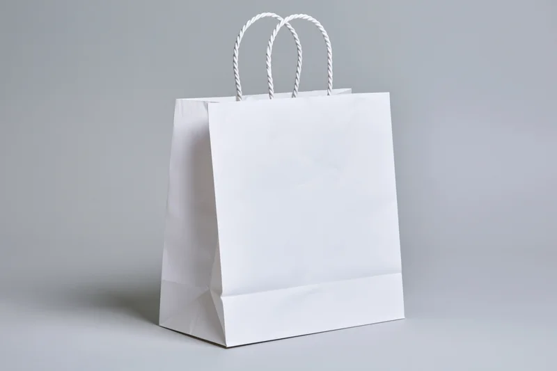 White paper shopping bag with twisted rope handles on gray background