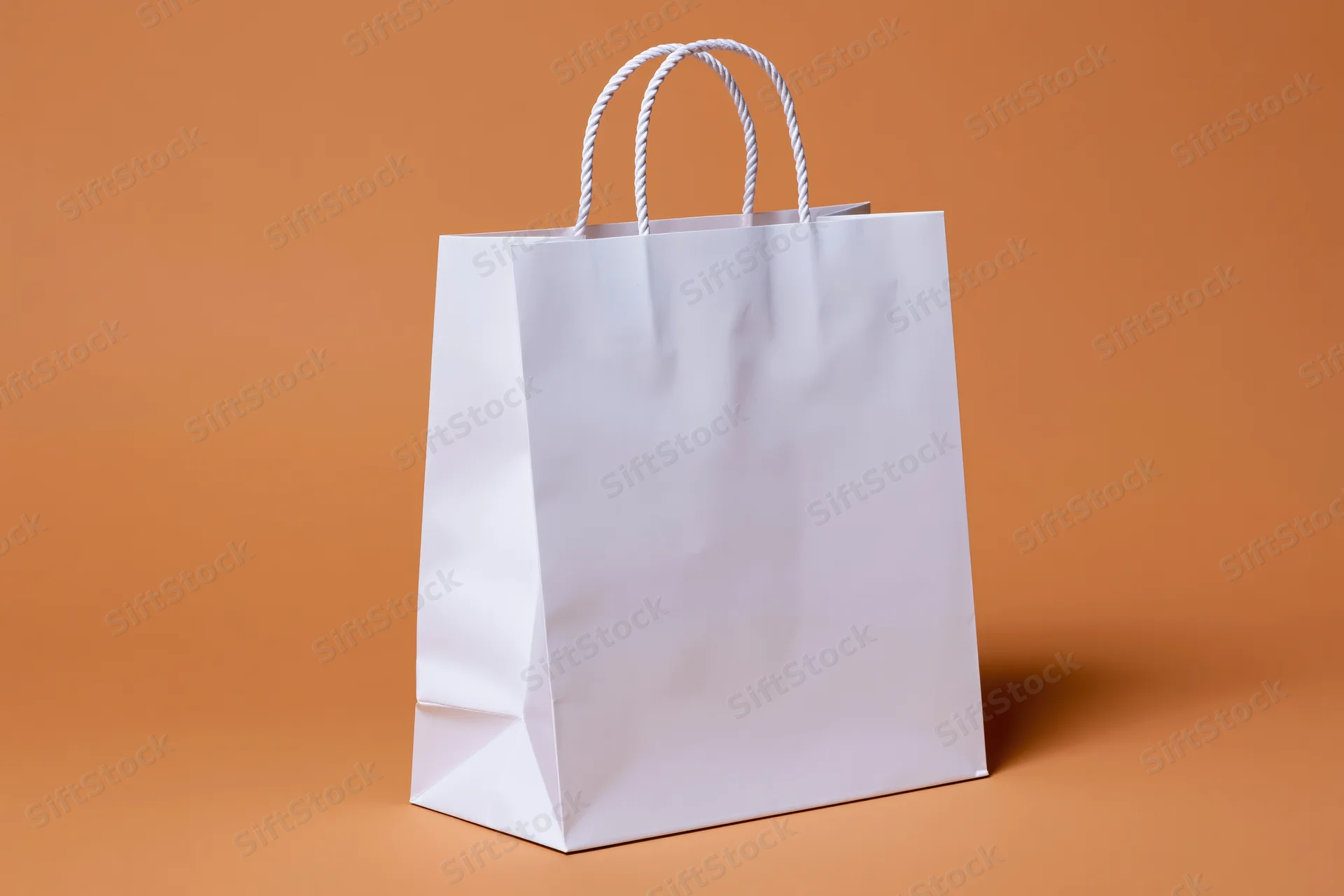 White paper shopping bag with twisted rope handles on brown background