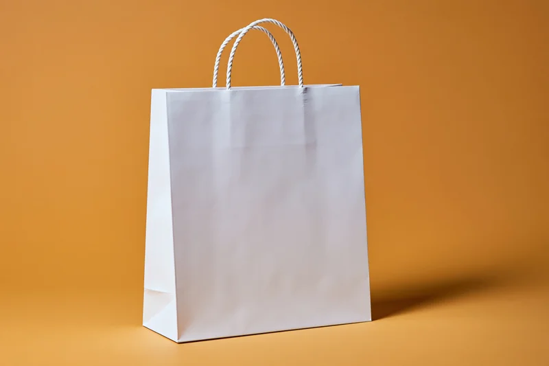 White paper shopping bag with twisted rope handles on orange background