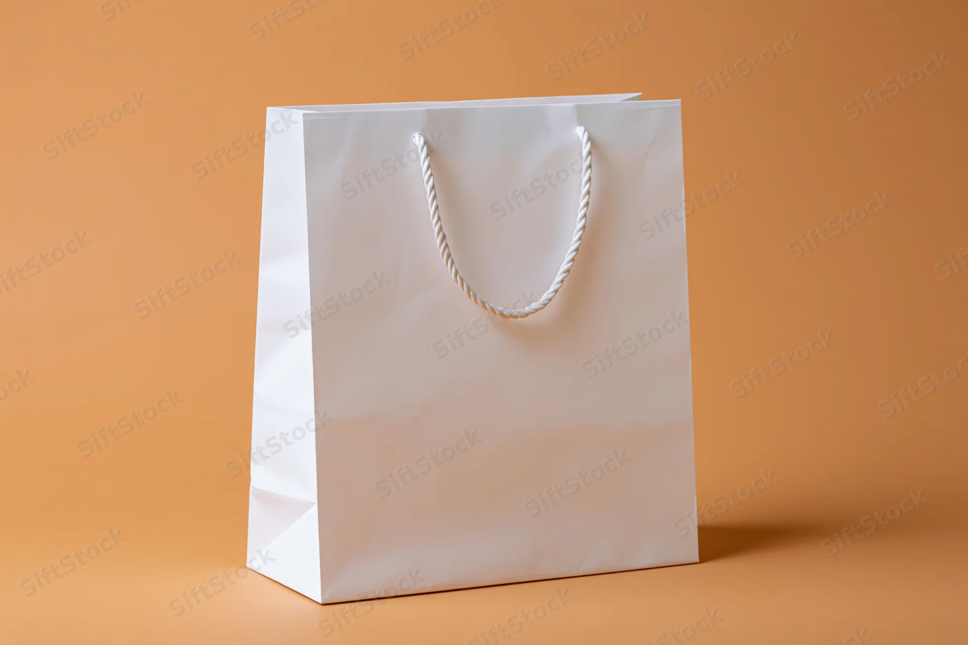 White paper shopping bag with twisted rope handles on orange background