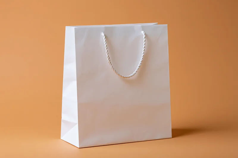 White paper shopping bag with twisted rope handles on orange background