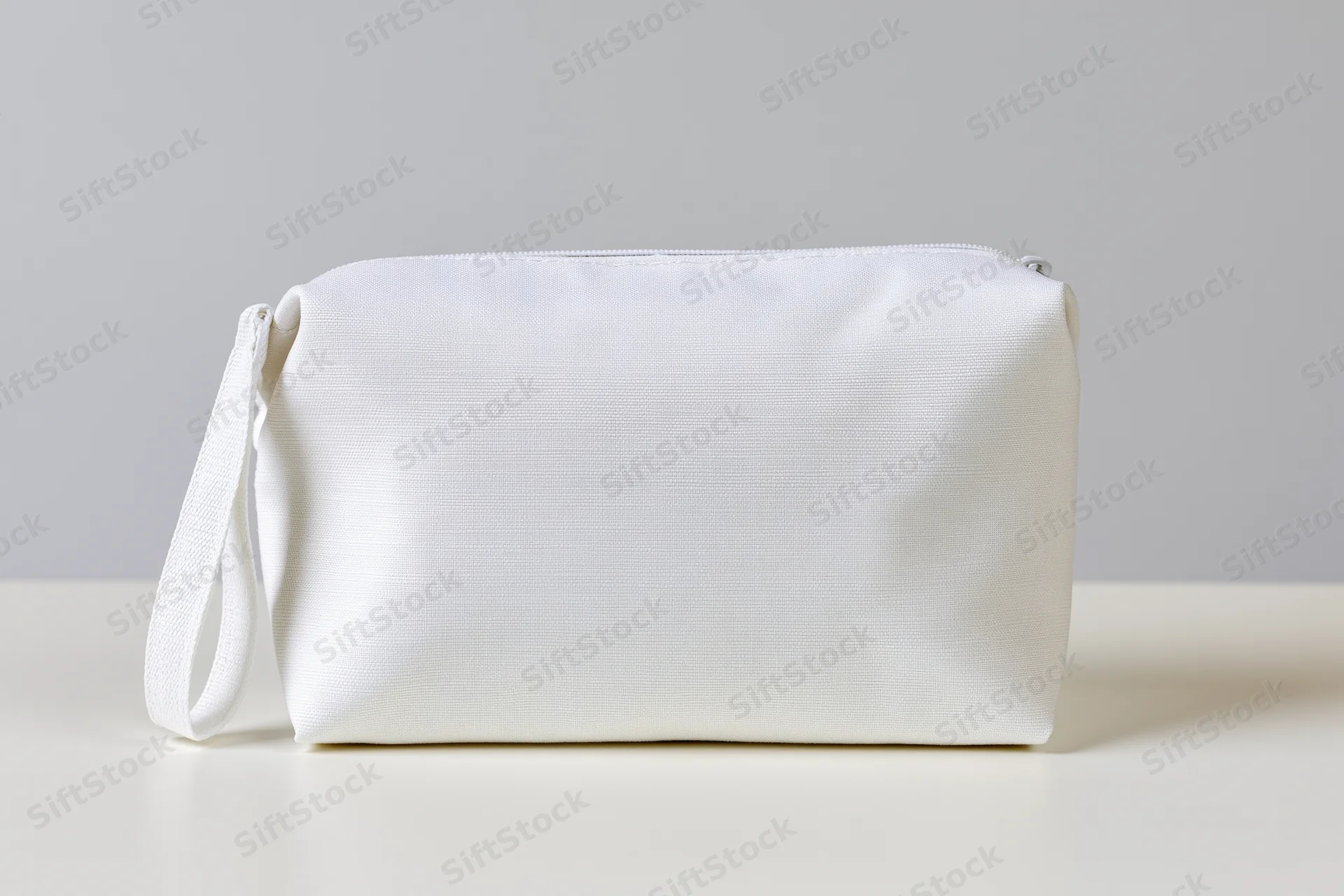 White canvas toiletry pouch with wrist strap on plain surface