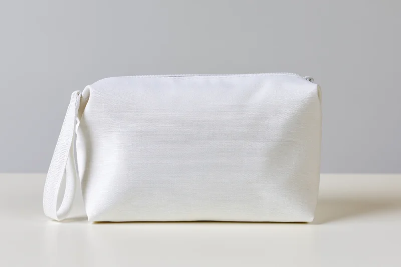 White canvas toiletry pouch with wrist strap on plain surface