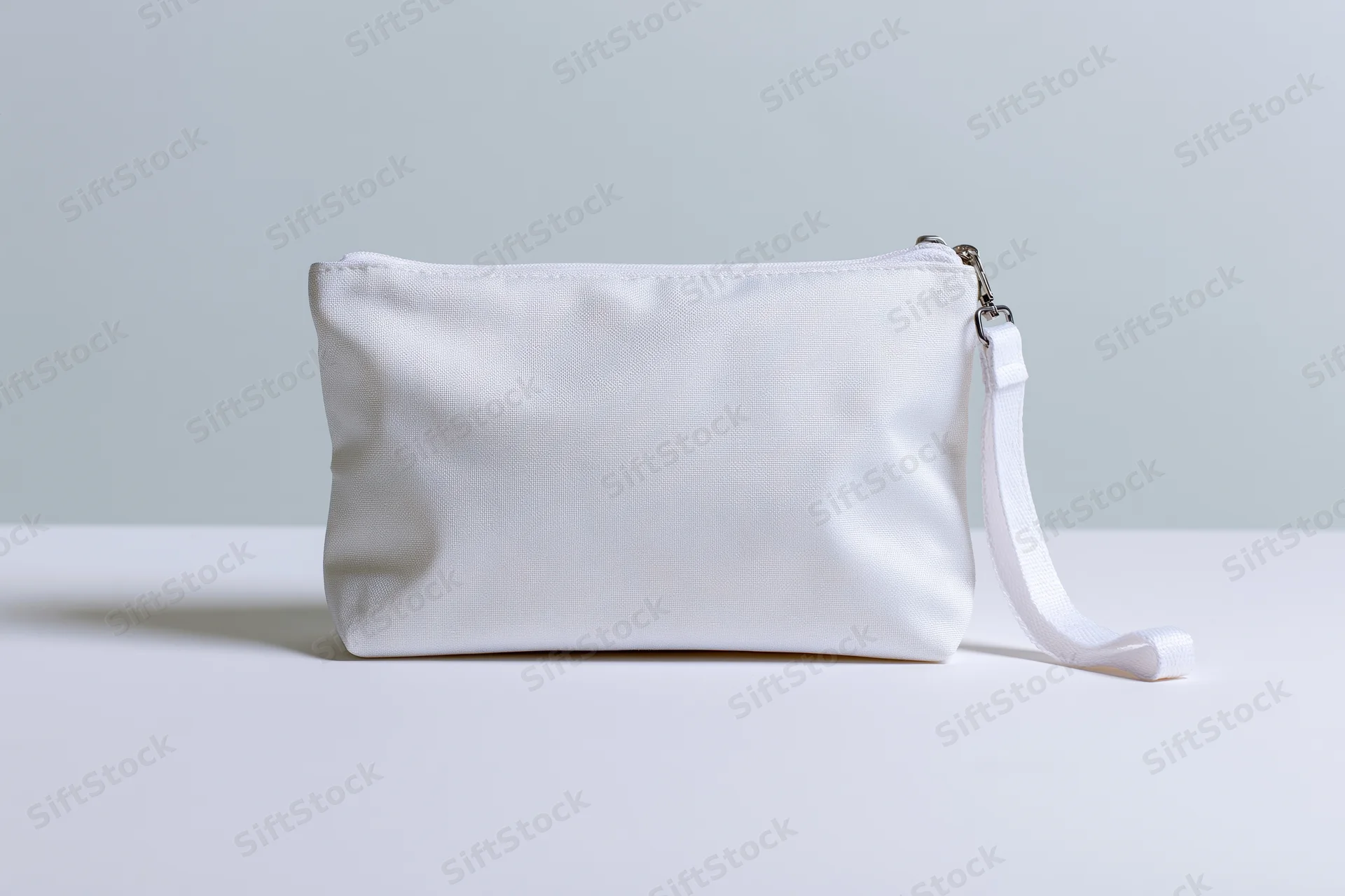 White toiletry pouch with wrist strap on plain surface
