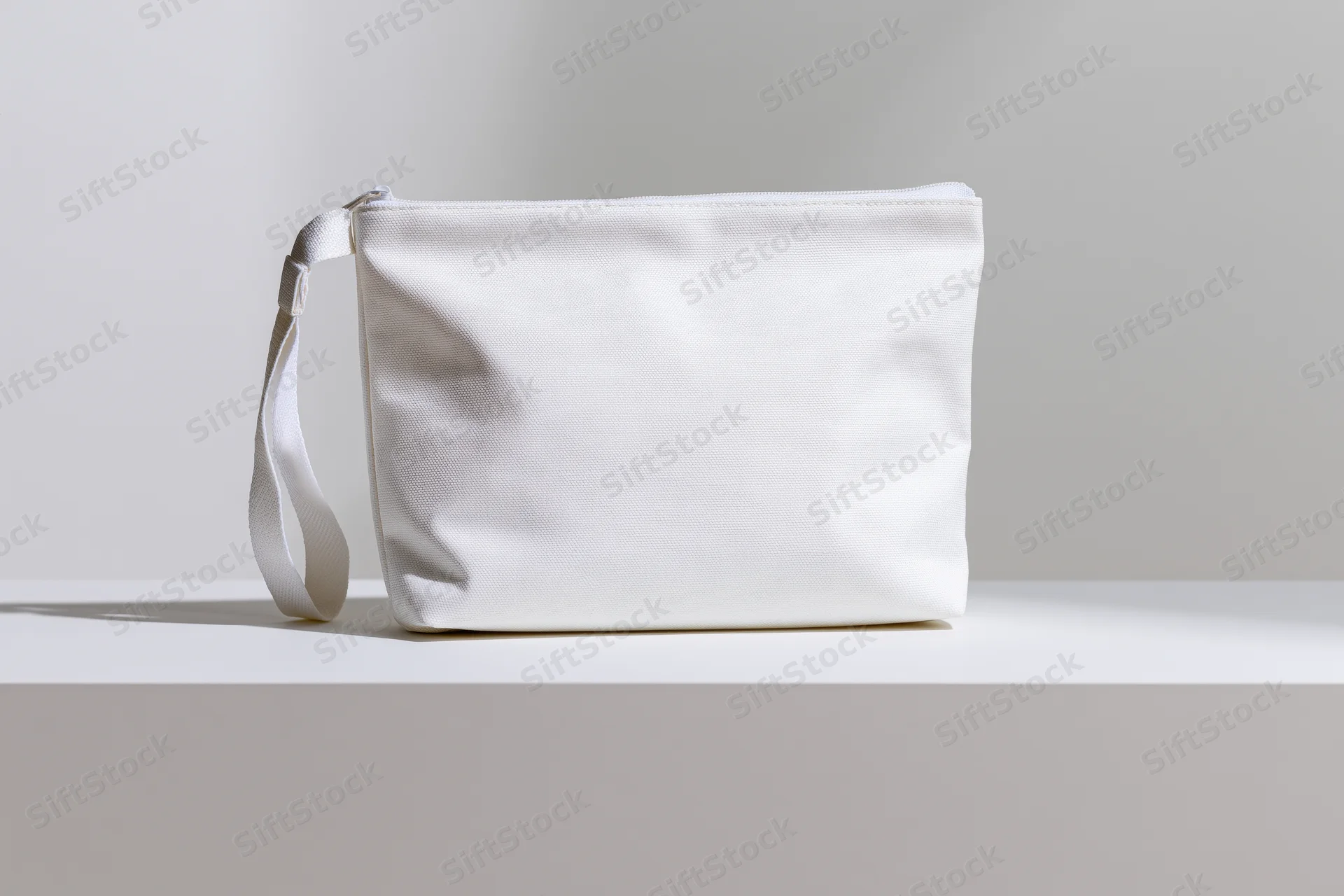 White canvas toiletry pouch with wrist strap on a plain surface