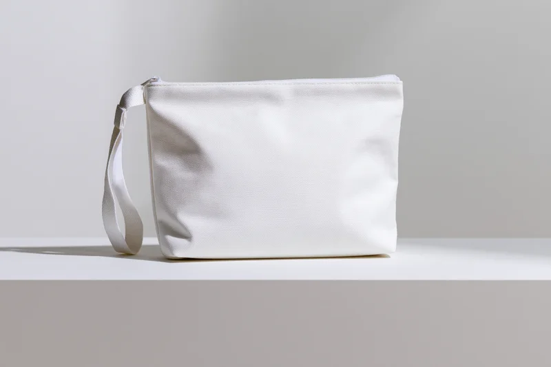 White canvas toiletry pouch with wrist strap on a plain surface