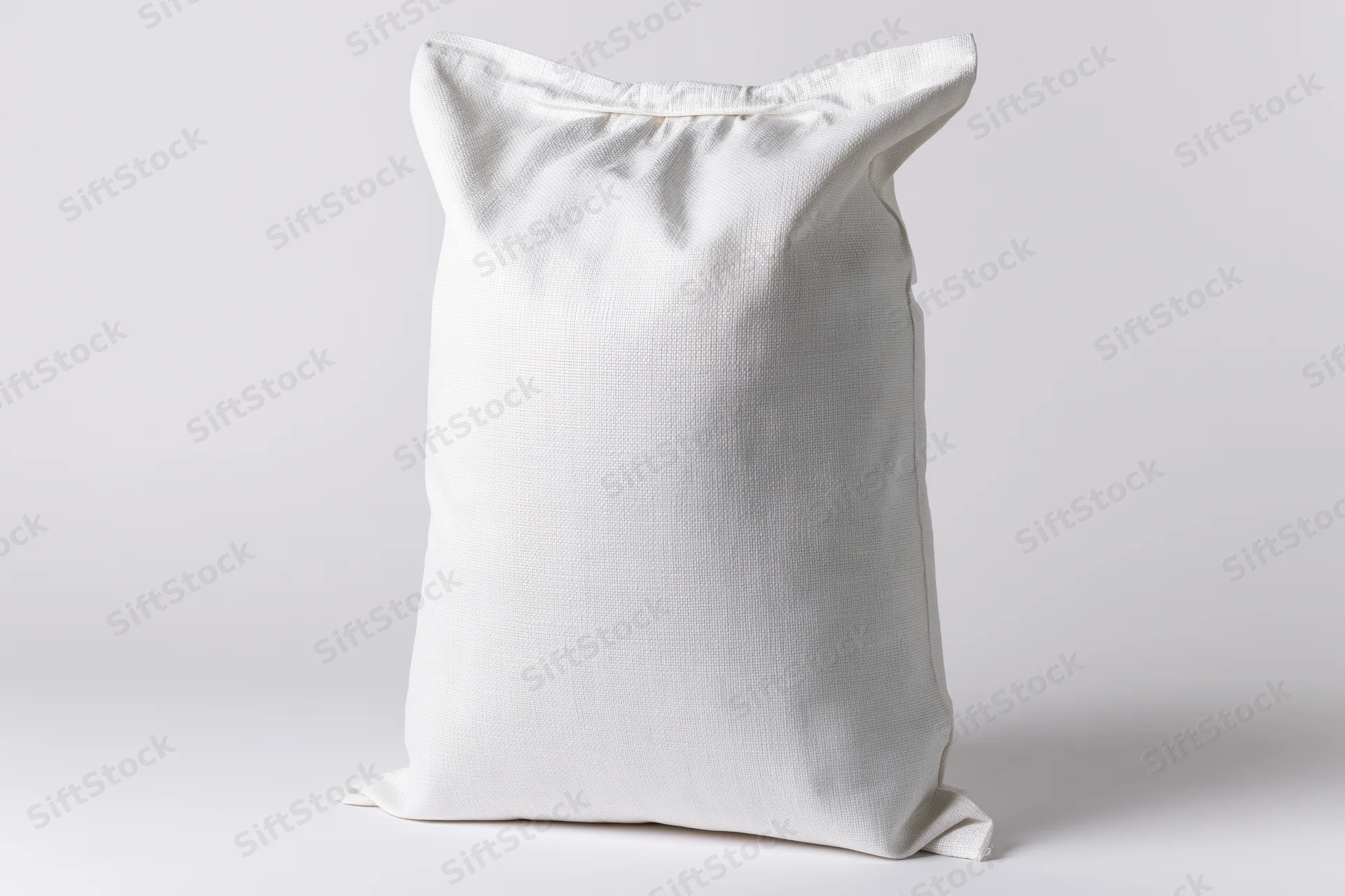 White woven polypropylene sack standing upright on plain background