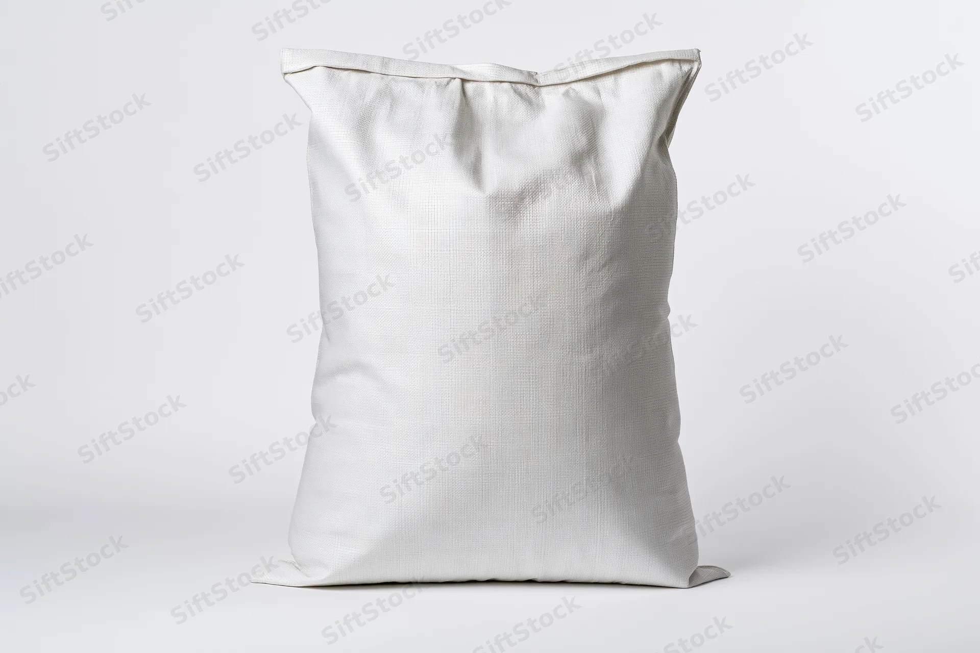 White woven polypropylene sack standing upright on plain white surface