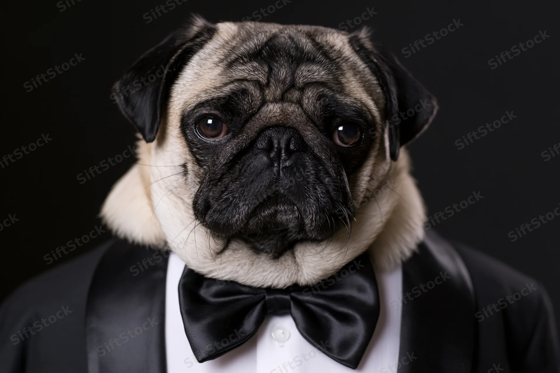 Pug wearing a black tuxedo and bowtie in a studio portrait