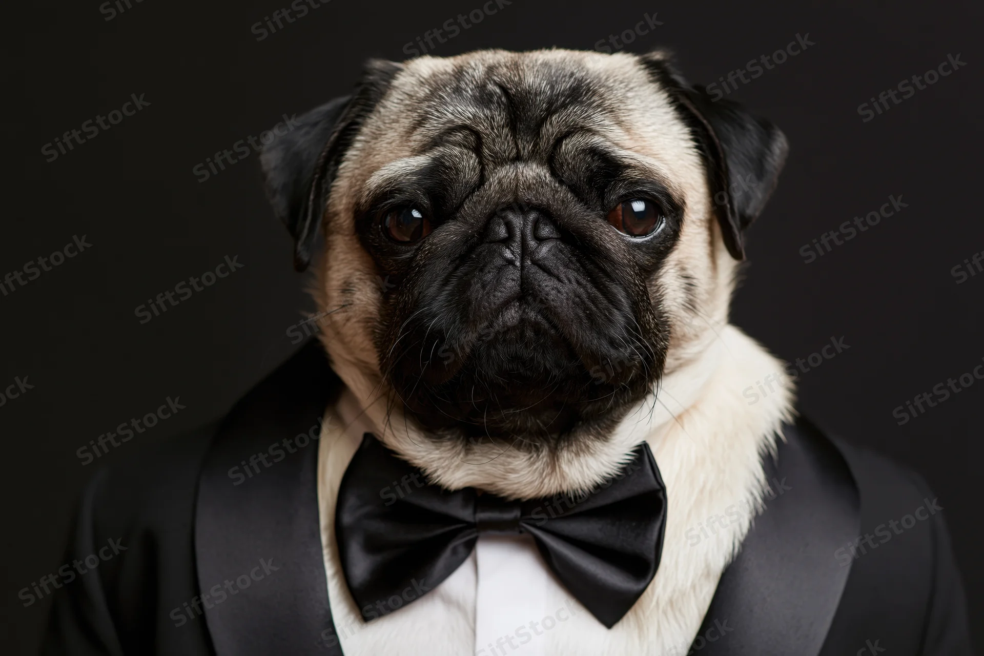 Pug wearing a black tuxedo and bowtie in a studio portrait against a dark background