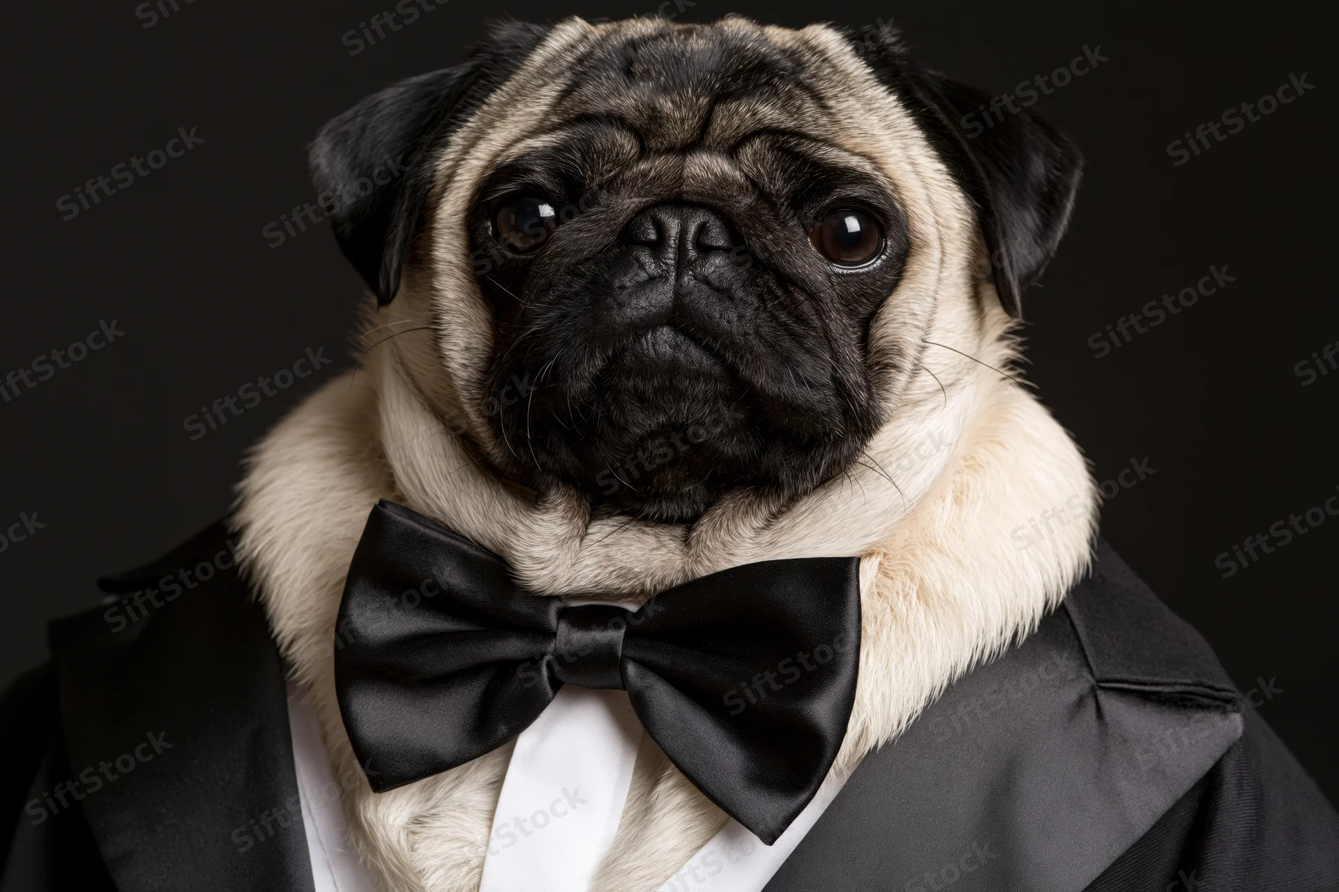 Pug wearing black tuxedo and bowtie in studio portrait
