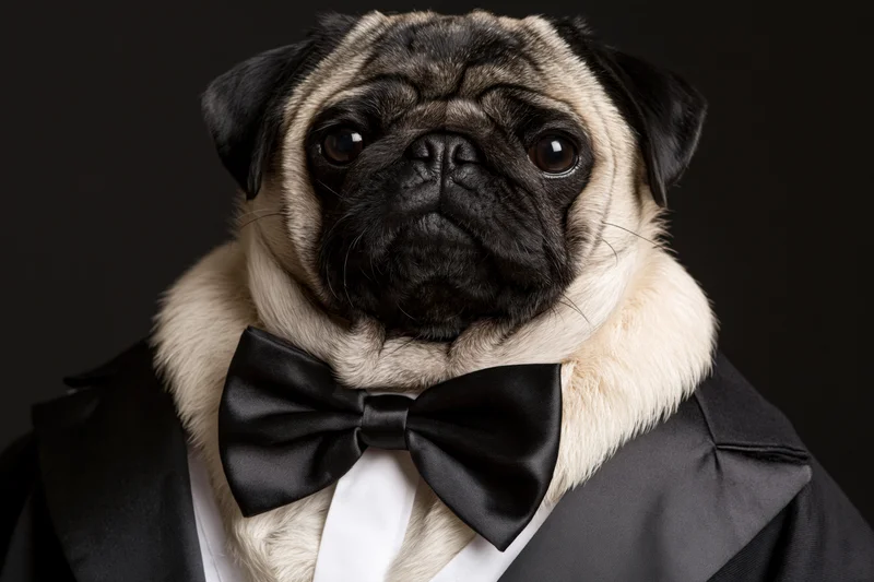 Pug wearing black tuxedo and bowtie in studio portrait