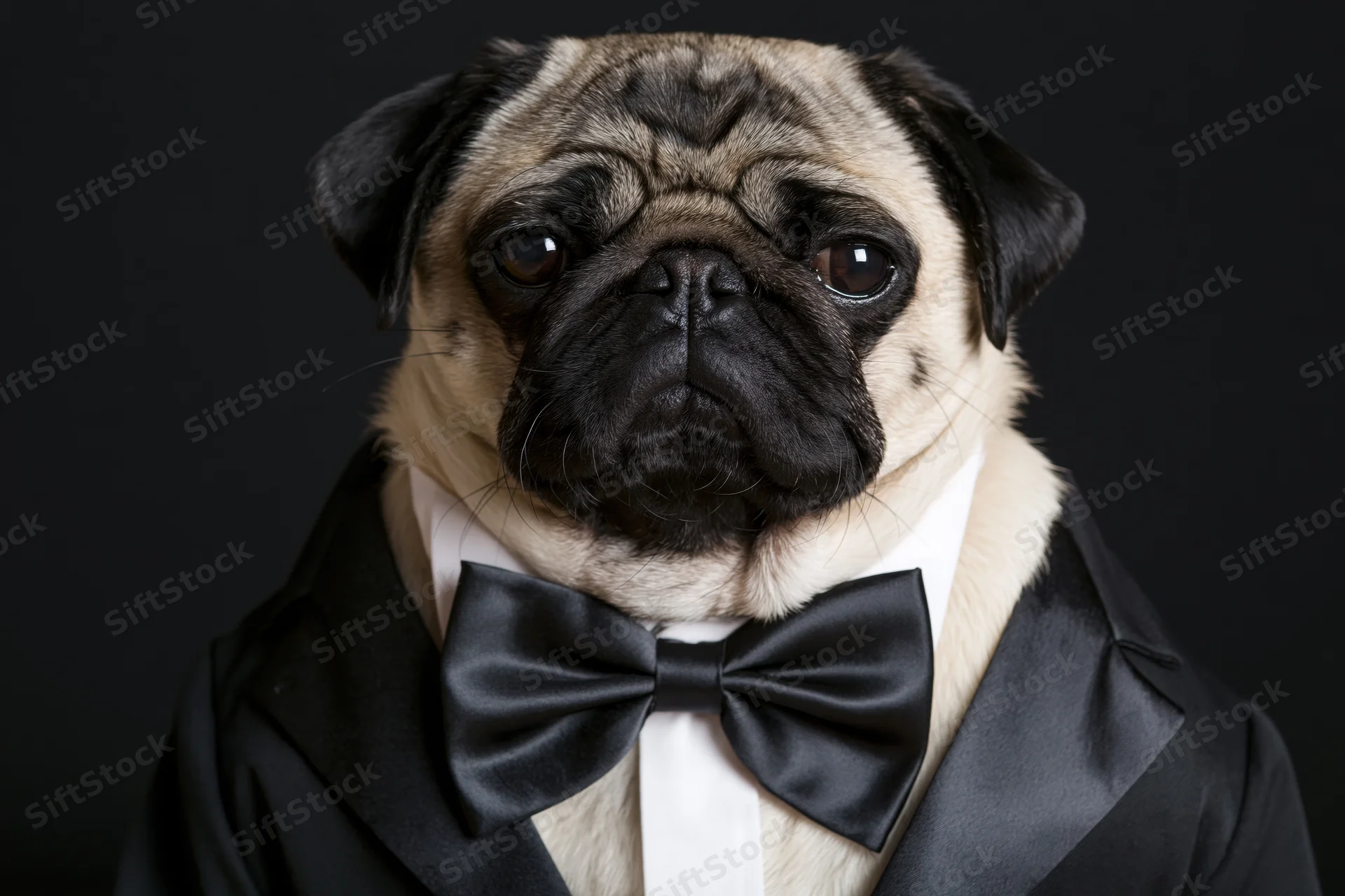 Pug wearing black tuxedo and bowtie in studio portrait