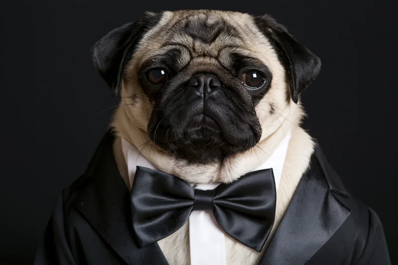 Pug wearing black tuxedo and bowtie in studio portrait