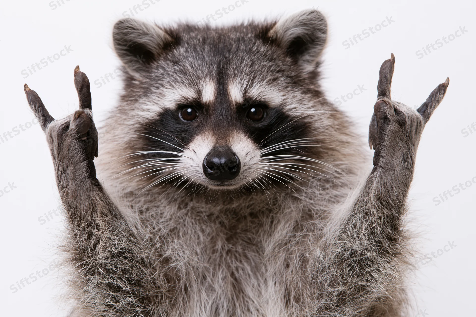 Raccoon facing camera with front paws raised in gesture against white background