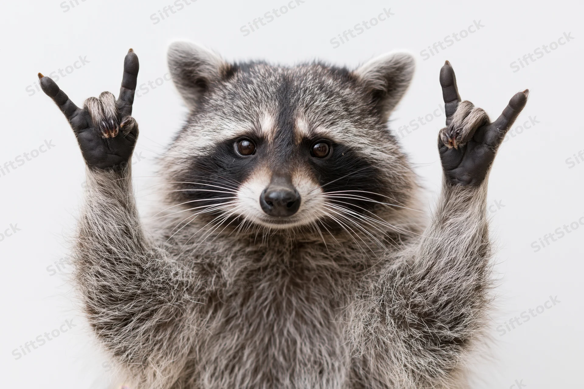 Raccoon with front paws raised in rock-on gesture against white background