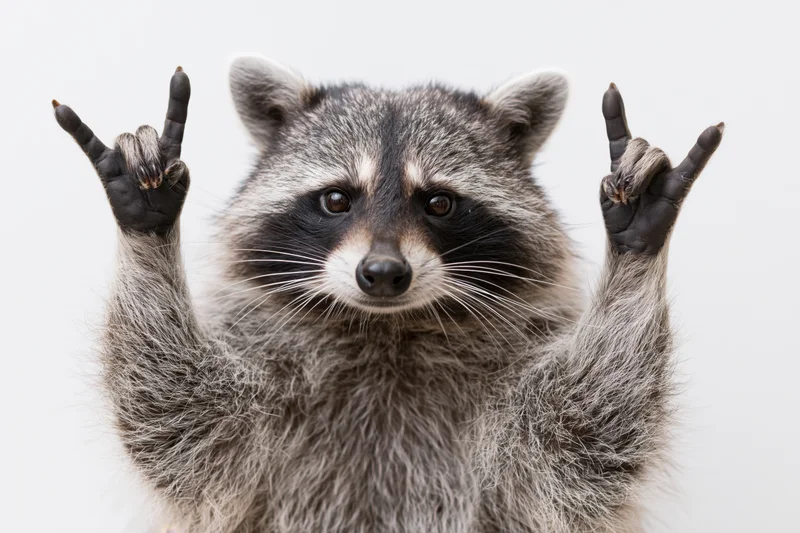 Raccoon with front paws raised in rock-on gesture against white background