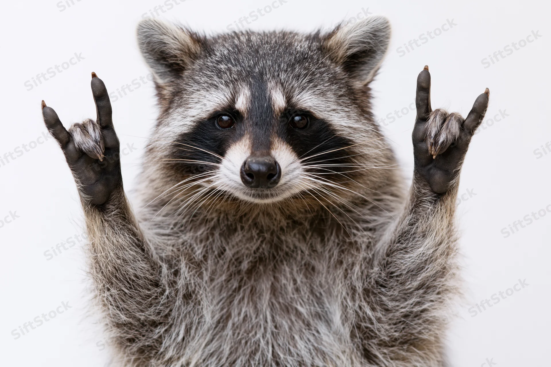 Raccoon facing camera with front paws raised in rock-on gesture against white background