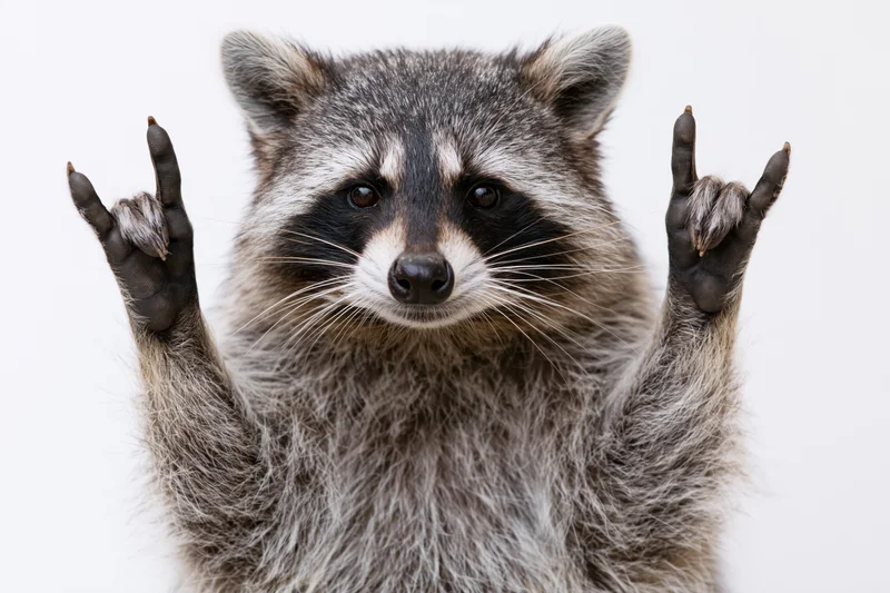 Raccoon facing camera with front paws raised in rock-on gesture against white background