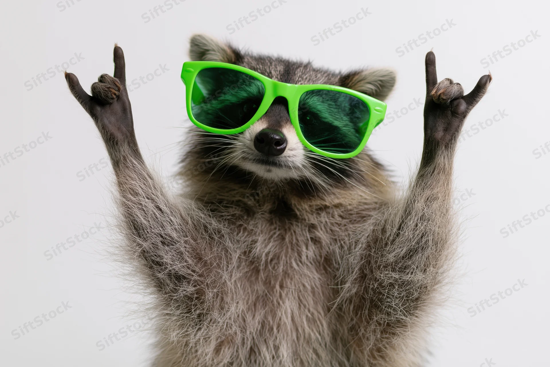 Raccoon wearing bright green plastic sunglasses making rockon gesture with both paws in studio setting