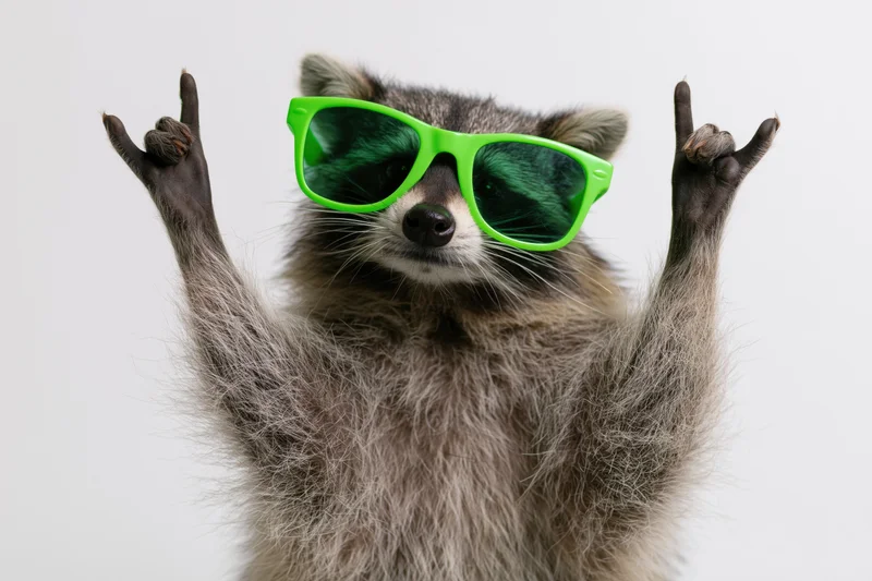 Raccoon wearing bright green plastic sunglasses making rockon gesture with both paws in studio setting