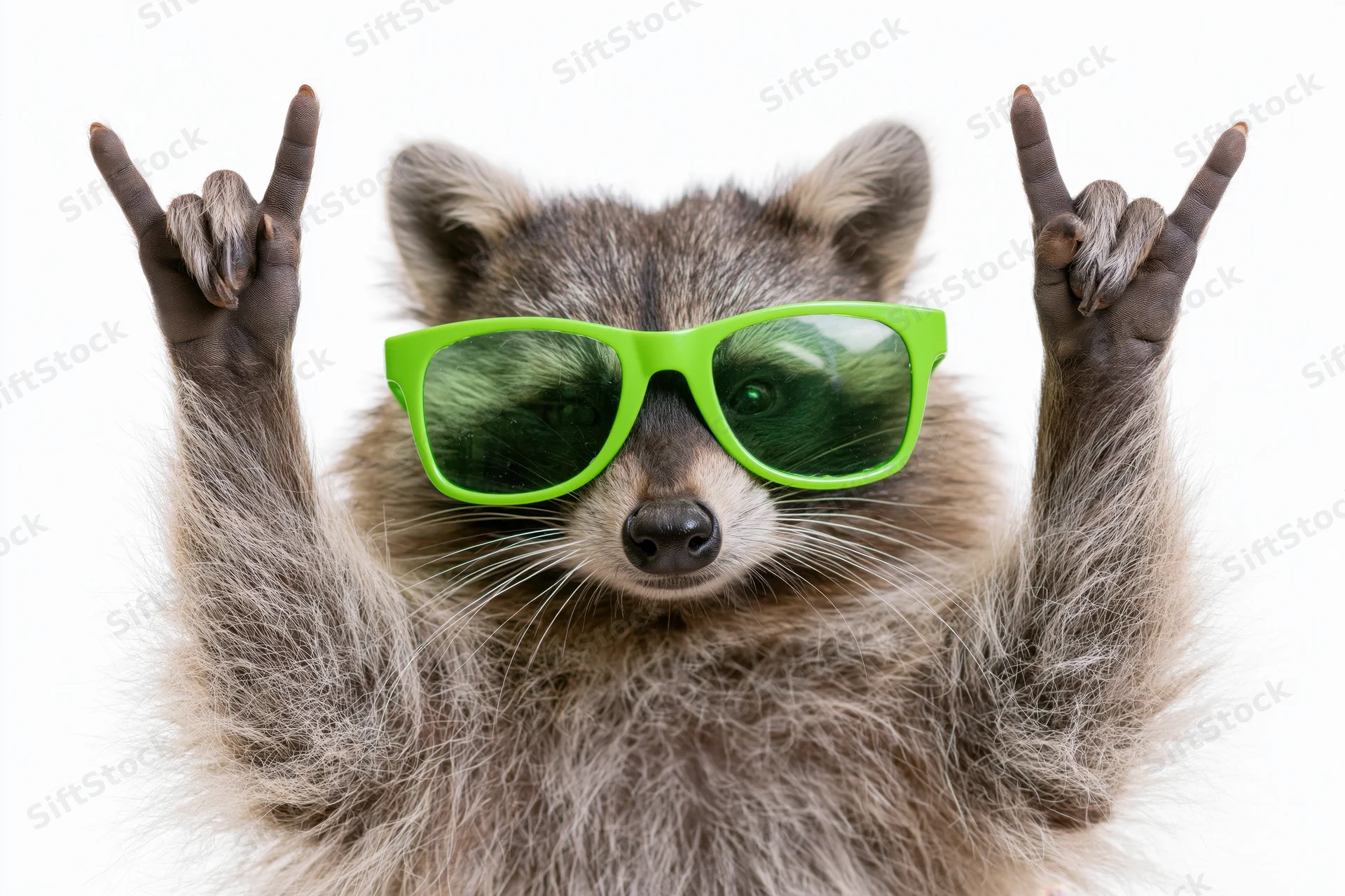 Raccoon wearing green plastic sunglasses making rock gesture with both hands against white background
