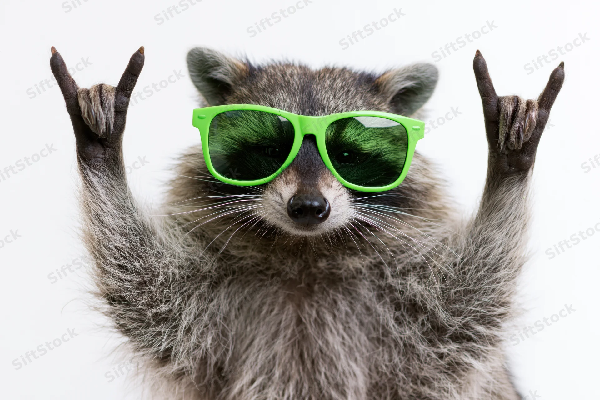 Raccoon wearing green sunglasses making rockon gesture with both paws against white background