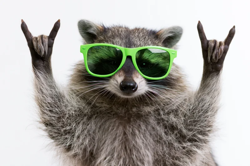 Raccoon wearing green sunglasses making rockon gesture with both paws against white background