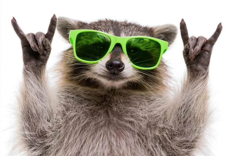 Raccoon wearing bright green plastic sunglasses making rockon gesture with both paws against white background