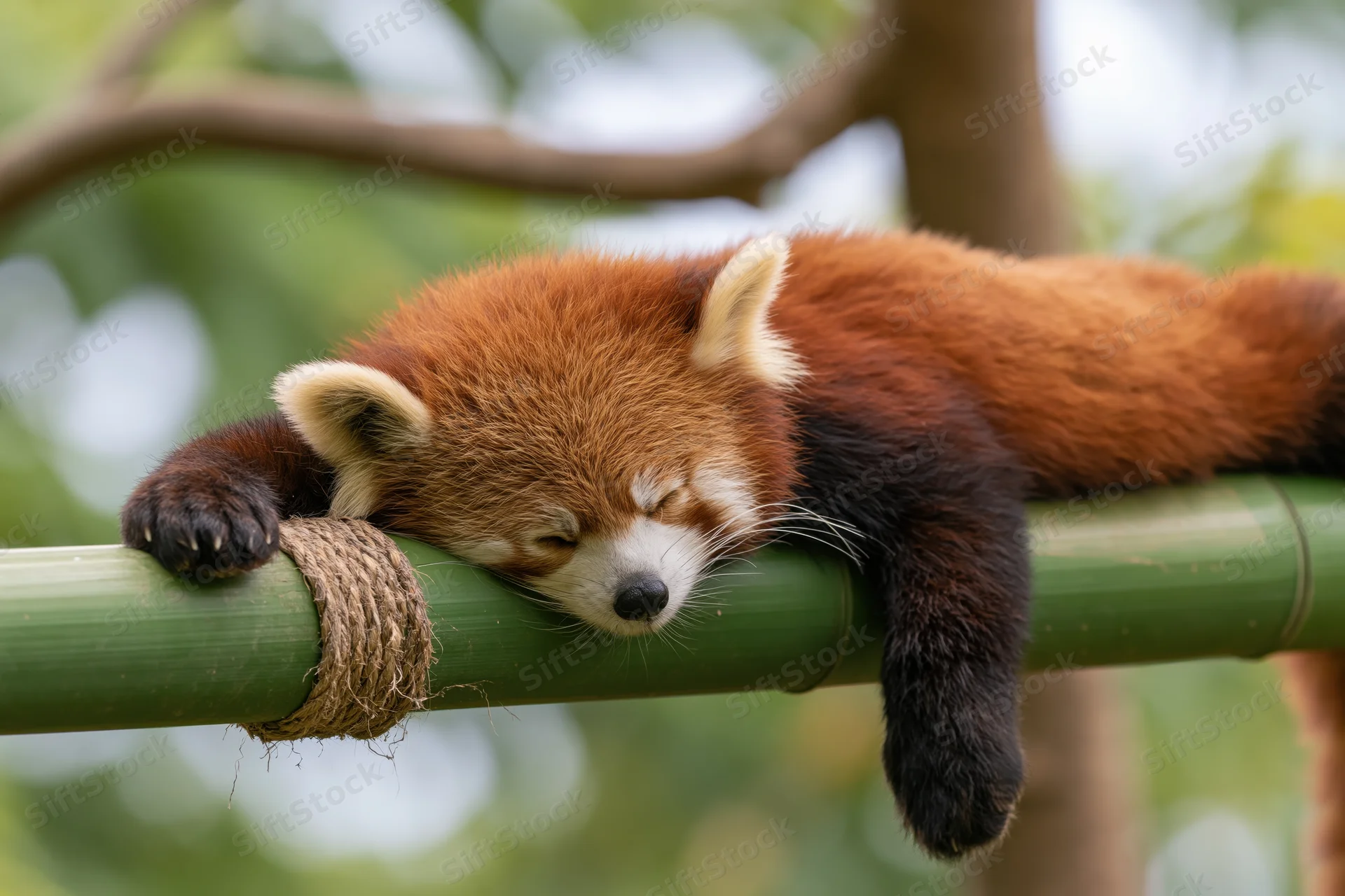 Red panda sleeping draped over a thick green bamboo pole in a tree