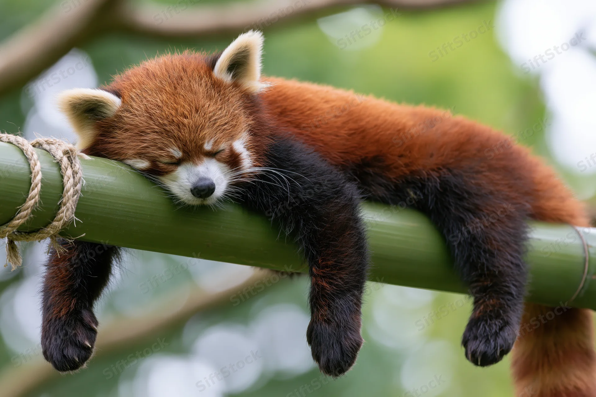 Red panda sleeping draped over a thick green bamboo pole in a forest setting