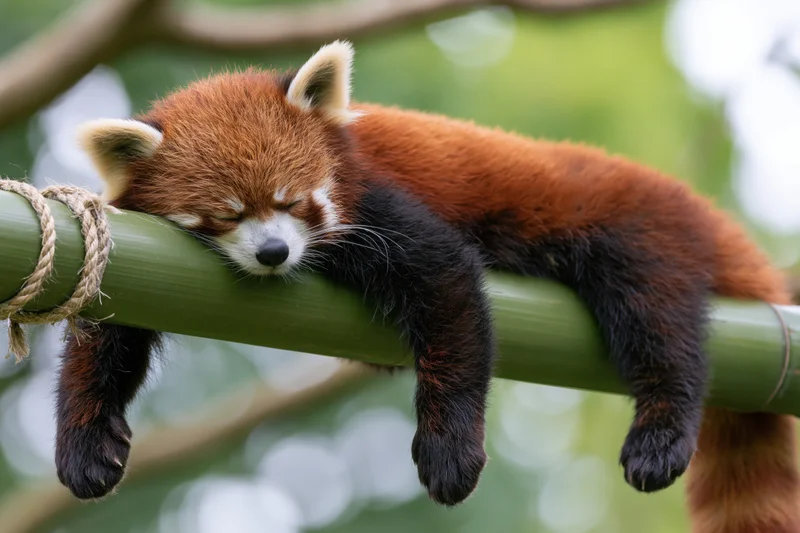 Red panda sleeping draped over a thick green bamboo pole in a forest setting