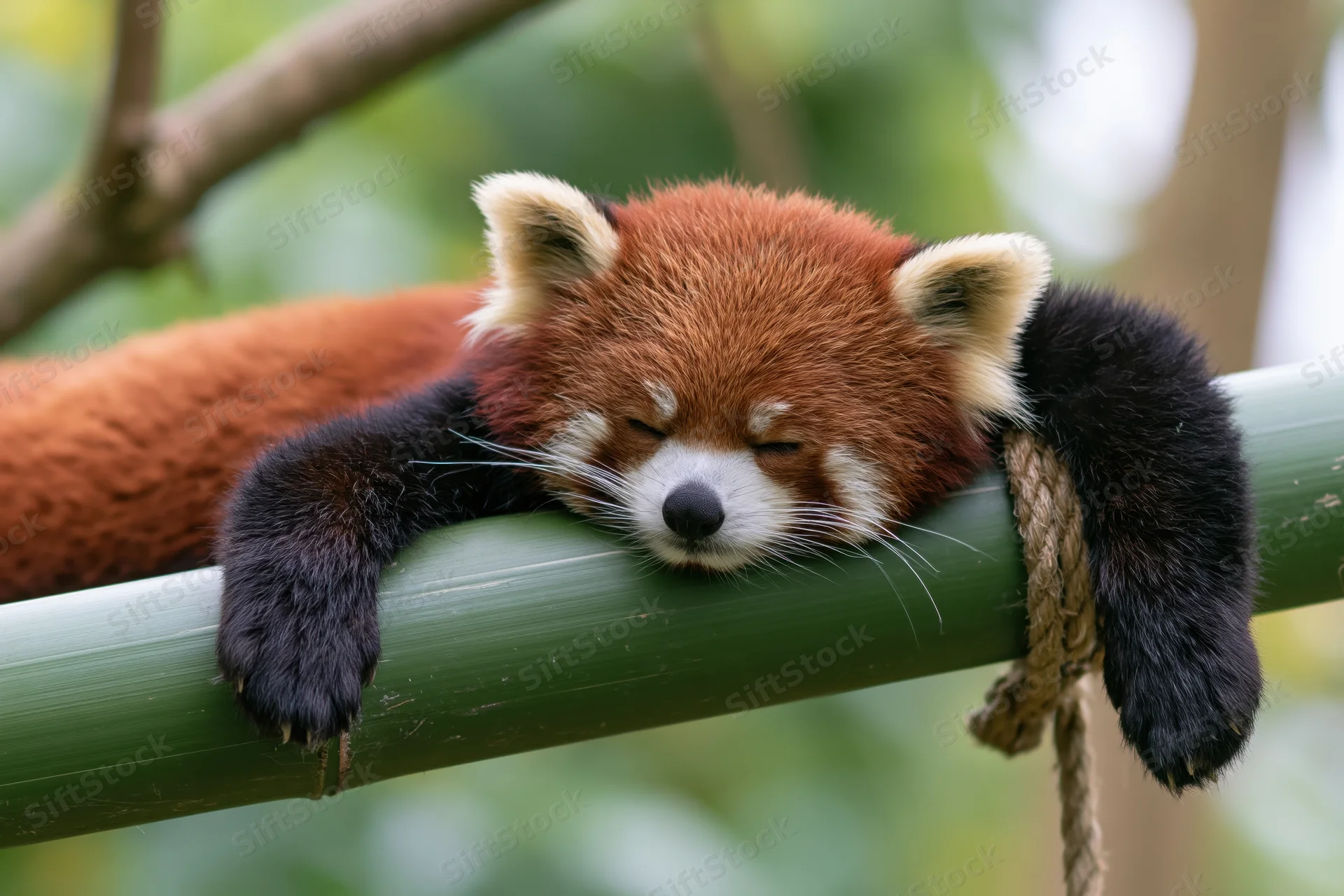 Red panda sleeping draped over a thick green bamboo pole in a natural outdoor setting