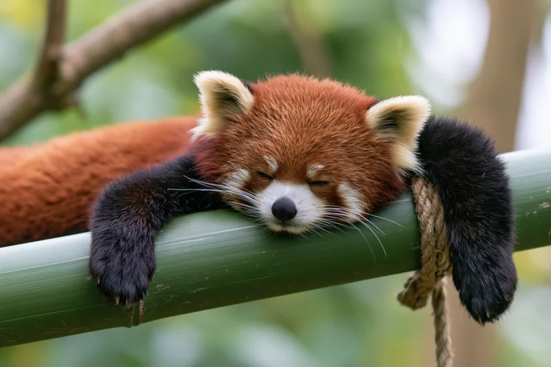 Red panda sleeping draped over a thick green bamboo pole in a natural outdoor setting
