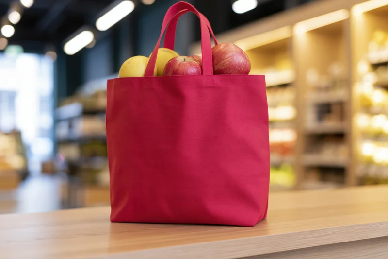 Red reusable tote bag filled with apples sitting on wooden counter in supermarket