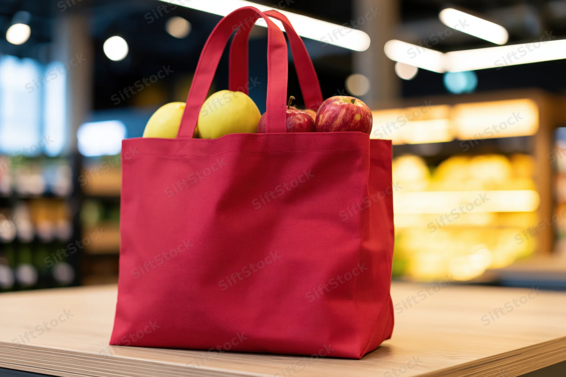 Red reusable tote bag filled with apples sitting on wooden counter in supermarket