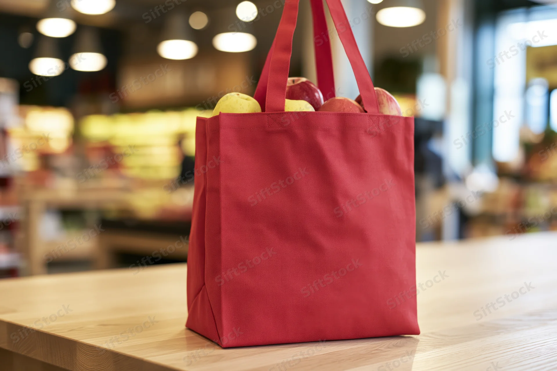 Red reusable tote bag filled with apples sitting on wooden table in supermarket interior