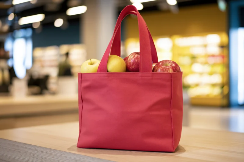 Red reusable tote bag filled with apples sitting on wooden counter in supermarket