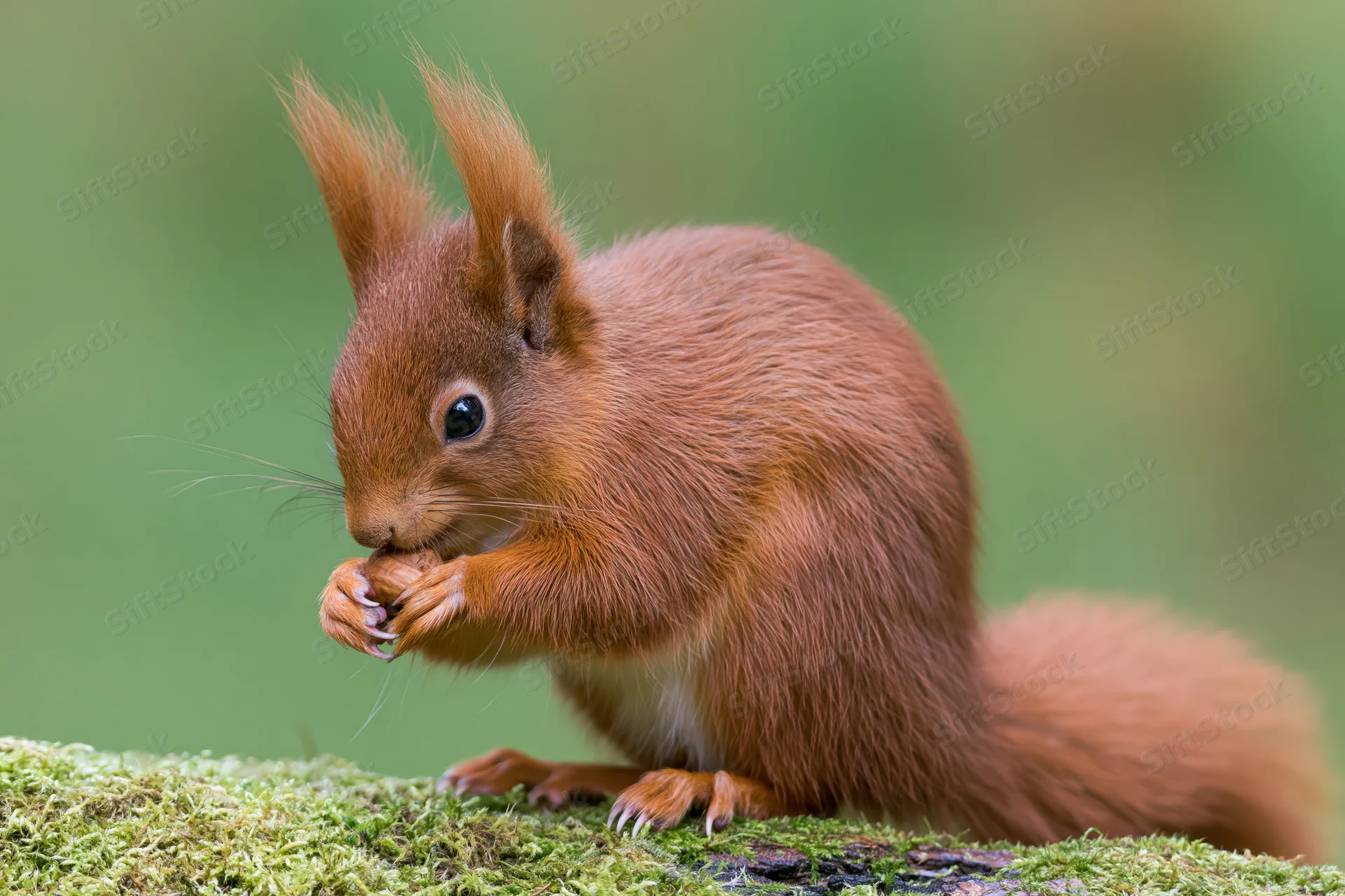 Red squirrel eating a nut on a moss-covered log in a forest setting