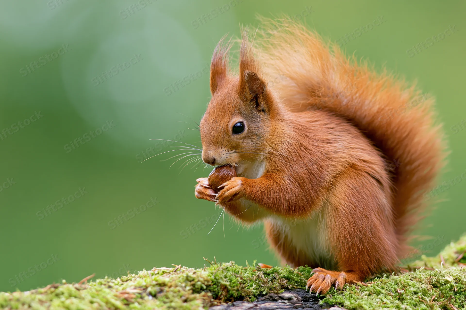 Red squirrel eating a nut on a moss-covered log in a forest setting