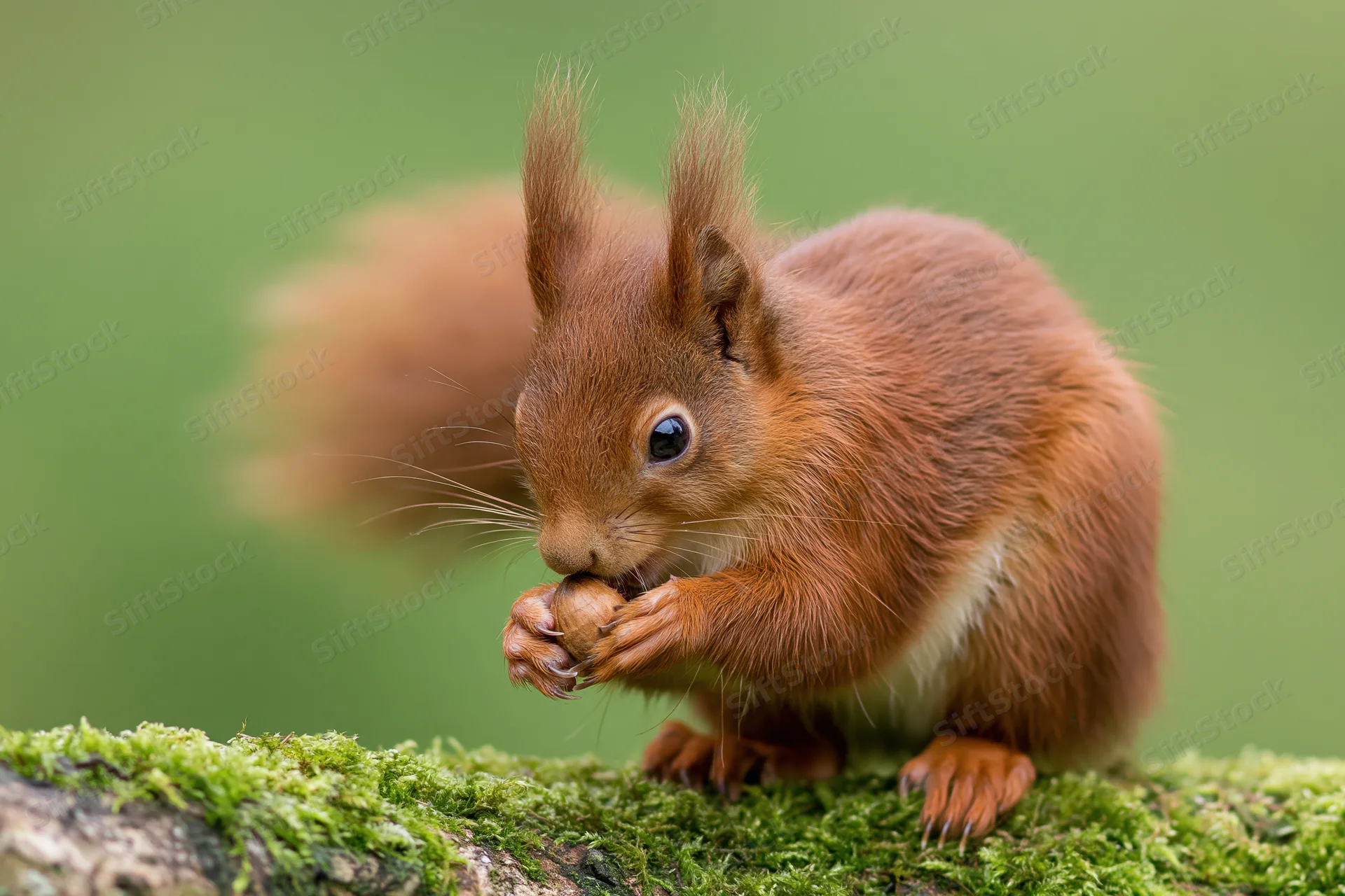 Red squirrel eating a nut on a moss-covered log in a forest setting