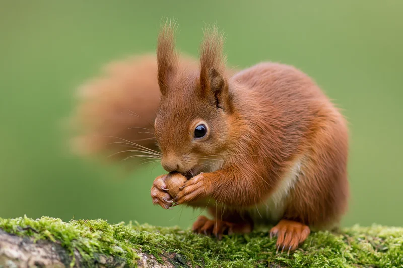 Red squirrel eating a nut on a moss-covered log in a forest setting