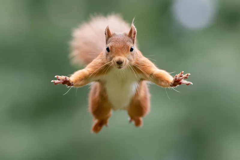 Red squirrel mid-leap with all four paws outstretched in a green woodland setting
