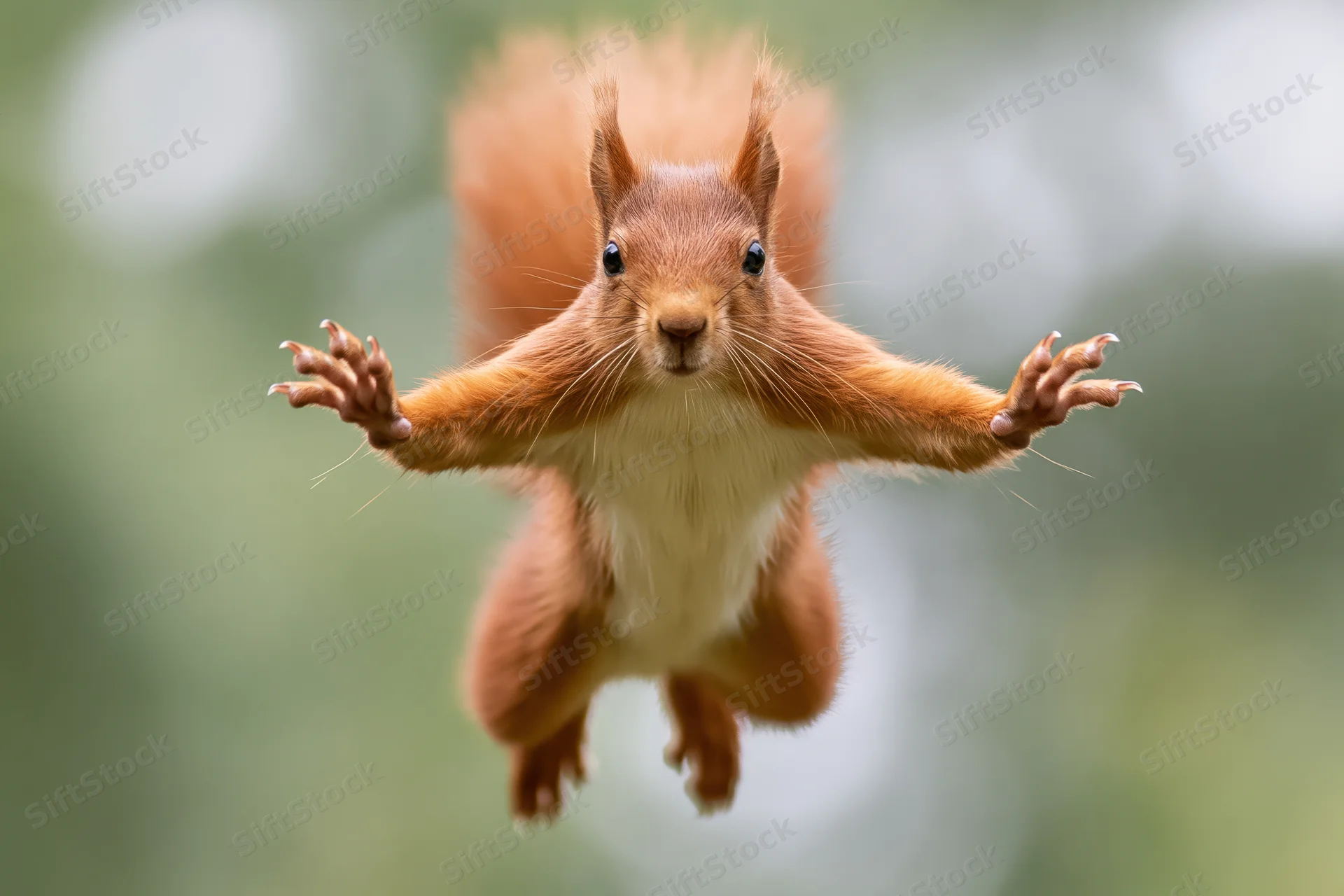 Red squirrel mid-leap with all four paws outstretched in a forest setting