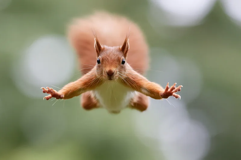 Red squirrel mid-leap with all four paws outstretched in forest setting