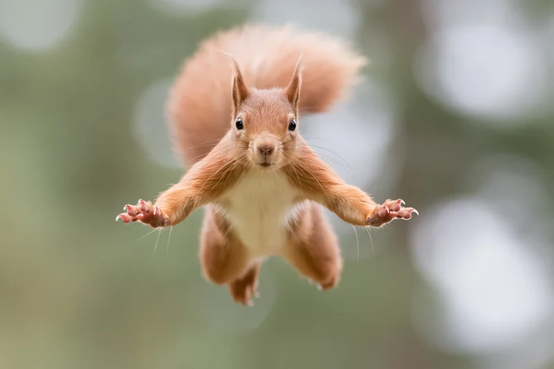 Red squirrel midair leaping with all four paws extended in forest setting
